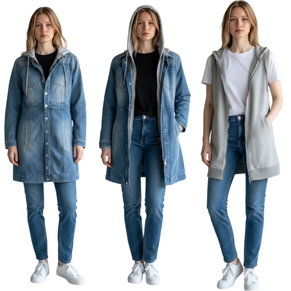 bebe NWT 3-in-1 Denim Trench Coat w/ Removable Hoodie Small - Picture 2 of 16